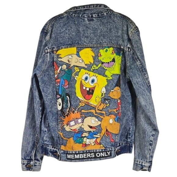 Members Only X Nickelodeon Denim Jacket Sz M Rugrats SpongeBob Grunge Y2K Casual - Picture 1 of 14